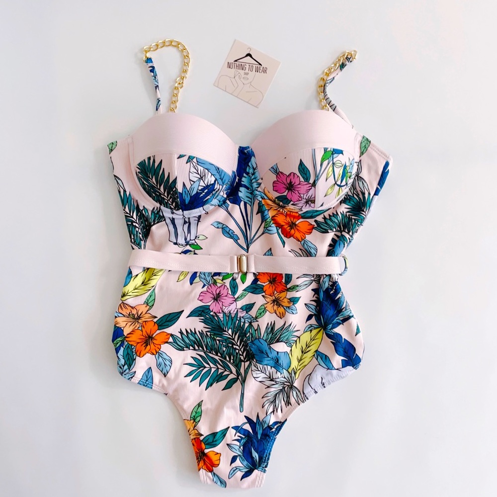⭕️ SWIM SUIT Floral Push up Belted Chain One Piece